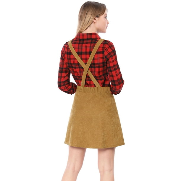 Women Corduroy Button Decor A Line Suspender Overall Dress Skirt