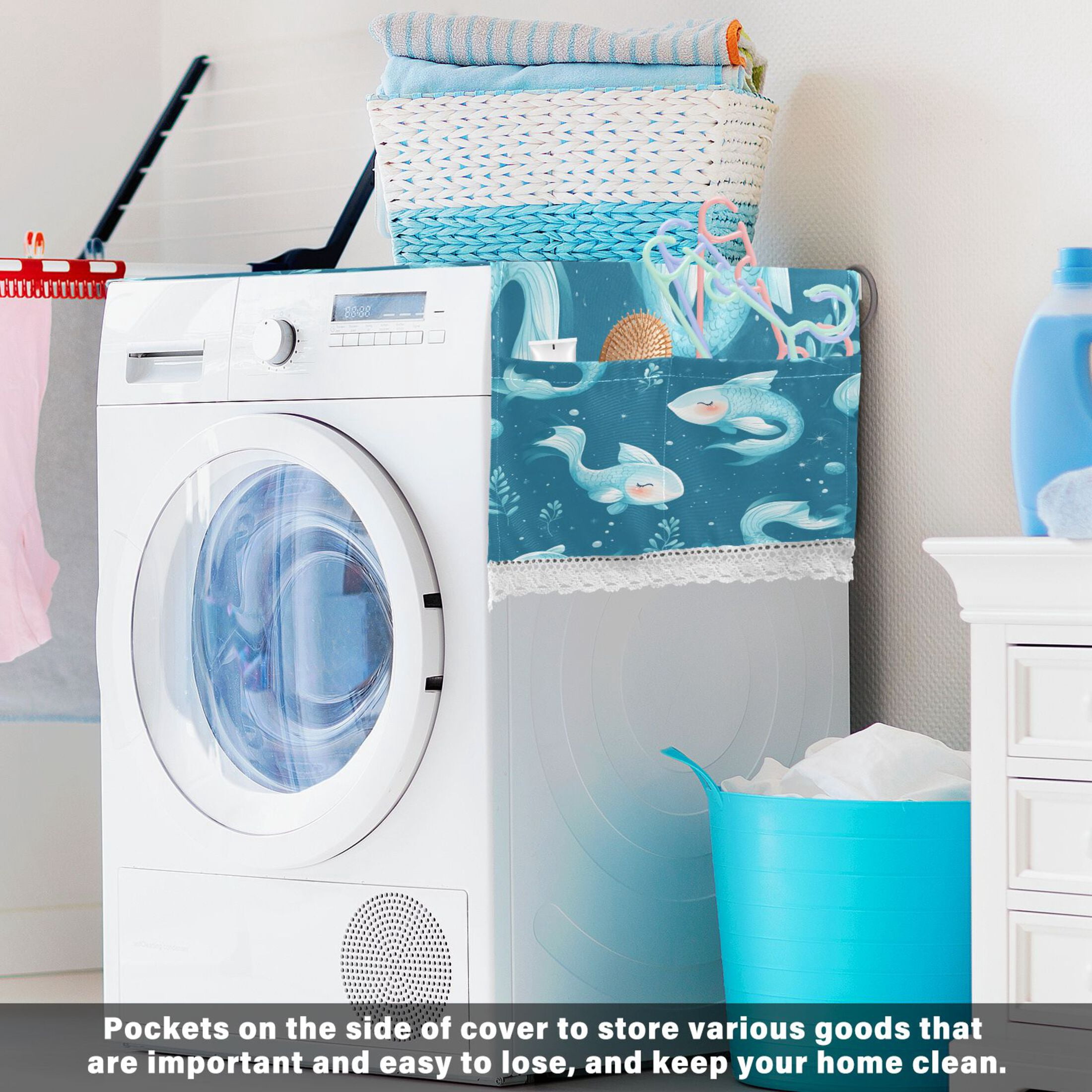 Blue FishWasher and Dryer Covers Dust-Proof and Oil Resistant Fridge Cover with 4 Storage Pockets Washing Machine Top Cover for Laundry Kitchen Home 51.2 x 22 In