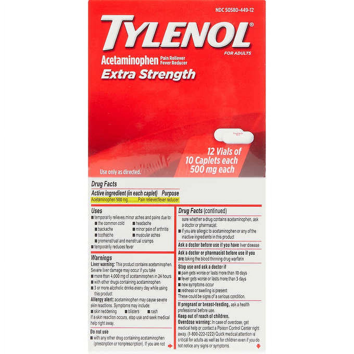 Tylenol Extra Strength Caplet Vial Rack, Pain Reliever & Fever Reducer, 10 X 12 Count