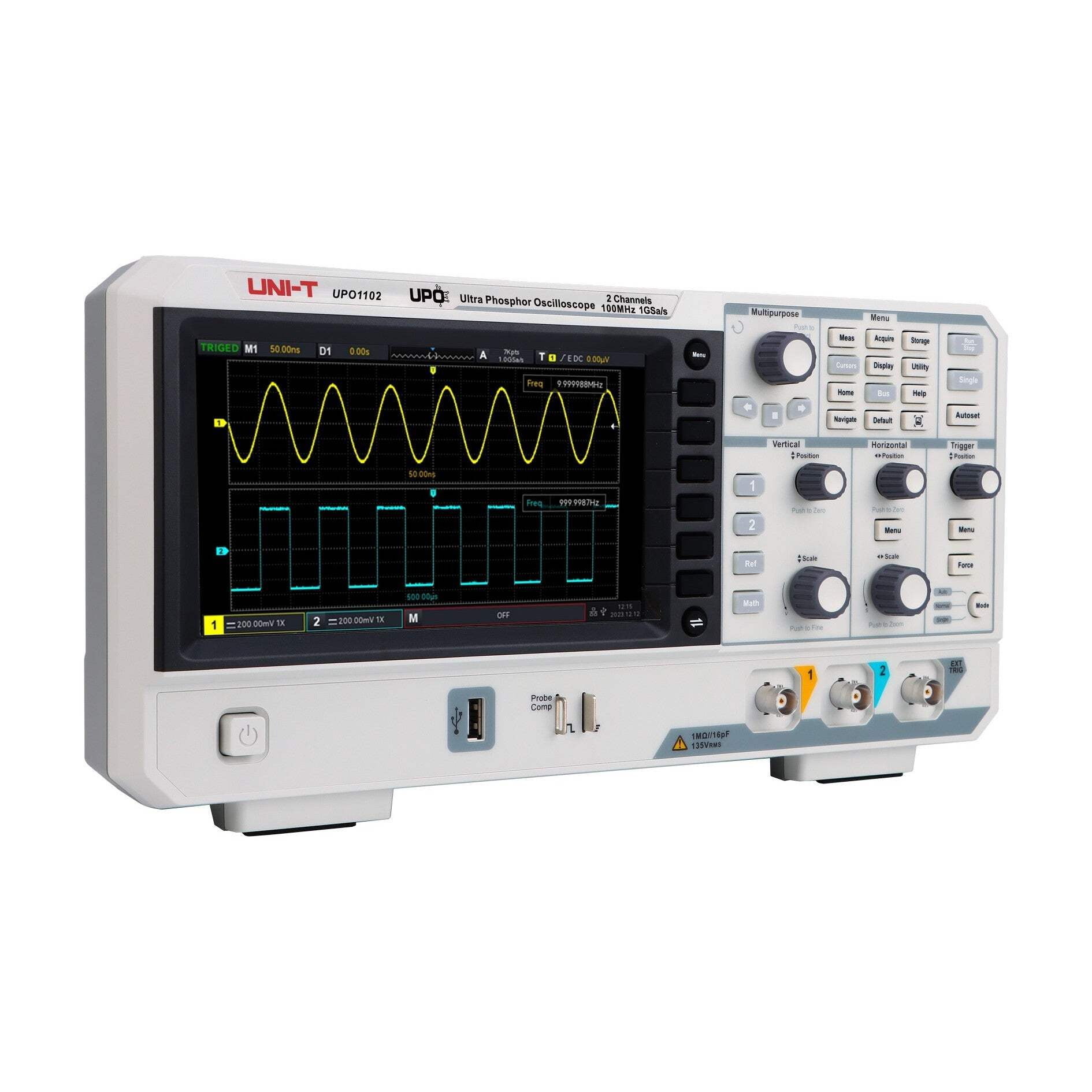 UNI-T UPO1102 100MHz 2Ch DSO Ultra Phosphor Digital Oscilloscope 1 GSa/s Memory Depth 56 Mpts 500,000 wfm/s 7in display 1Mpts FFT Sampling Points