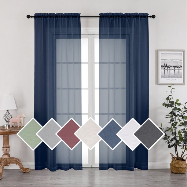 OVZME 2 paneles transparentes de color azul marino, cortinas de 72 pulgadas de largo, tratamiento de ventana para cocina, cortinas elegantes y transparentes, con bolsillo para barra para sala de estar