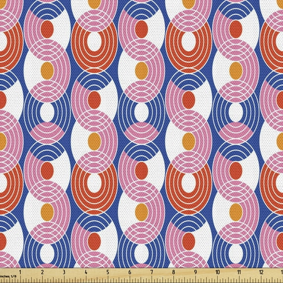 Retro Fabric by the Yard, Disc Shaped Funky Circles Pop Art Overlapping Geometric Creative Ovals, Decorative Upholstery Fabric for Sofas and Home Accents, Pink Vermilion and Blue by Ambesonne