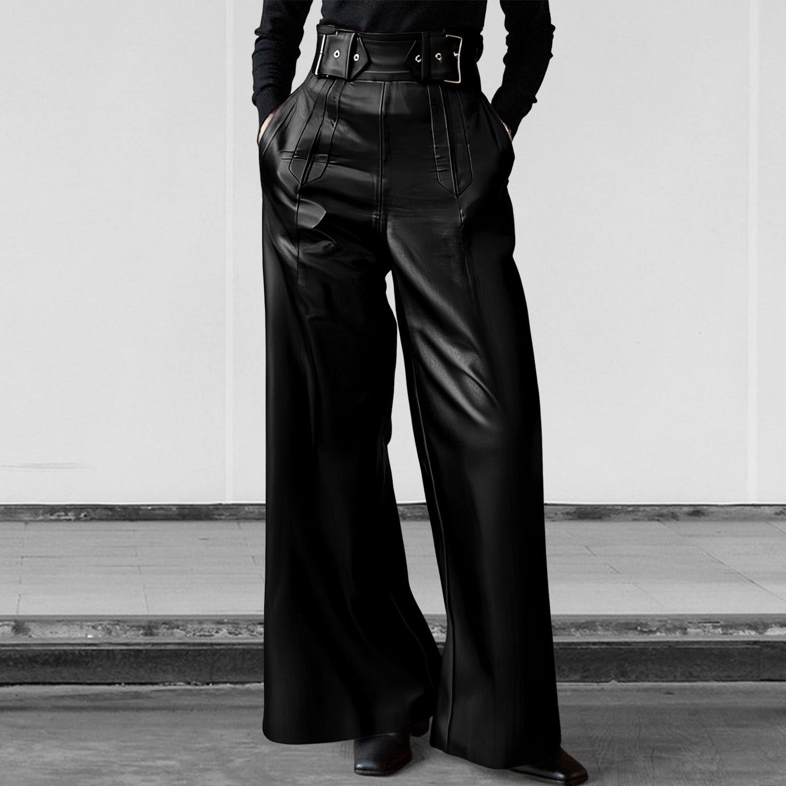 XFLWAM Women's Faux Leather Wide Leg Pants High Waist Side Zipper Baggy PU Leather Pants Party Club Trousers with Belt