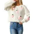 thumbnail image 2 of Womens Sweet 3D Strawberry Pattern Knitted Sweater Casual Loose Long Sleeve Pullover Sweater Tops Cream White XL, 2 of 10