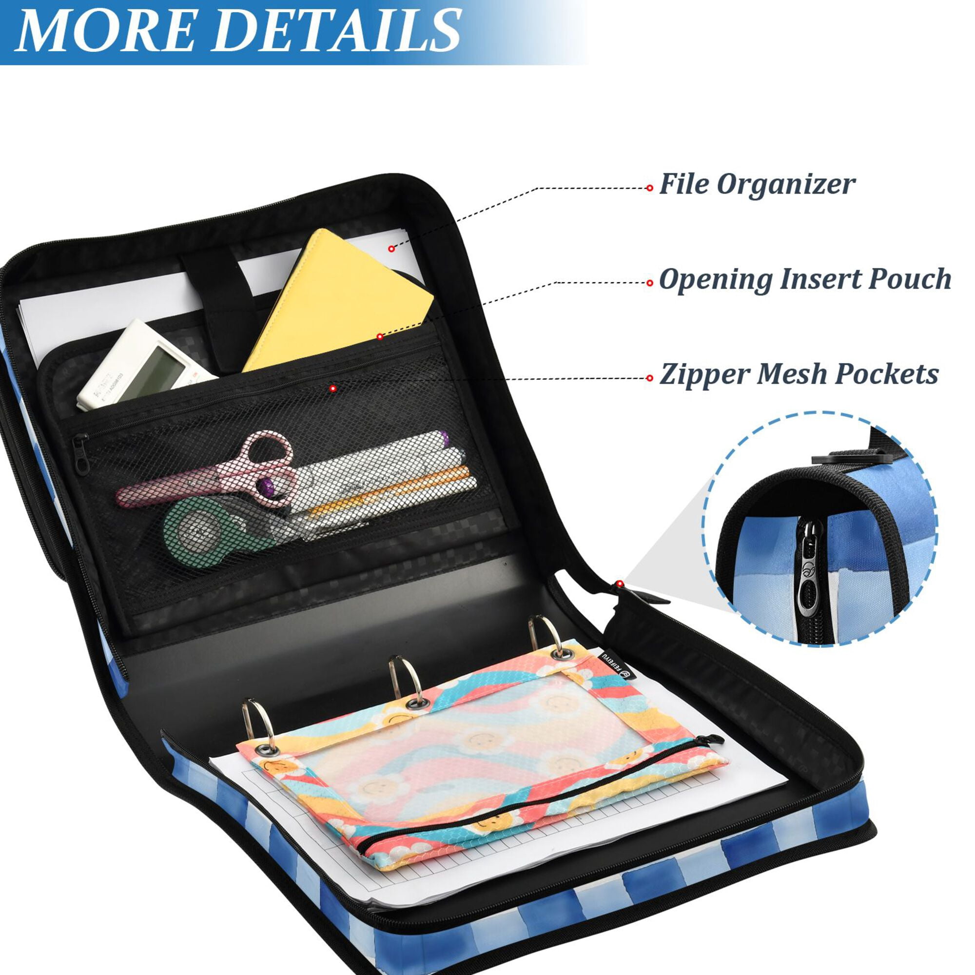 FORMRS Zipper Binder with Shoulder Strap 2-inch Ring 500 Sheet Capacity File Bag, Blue Plain