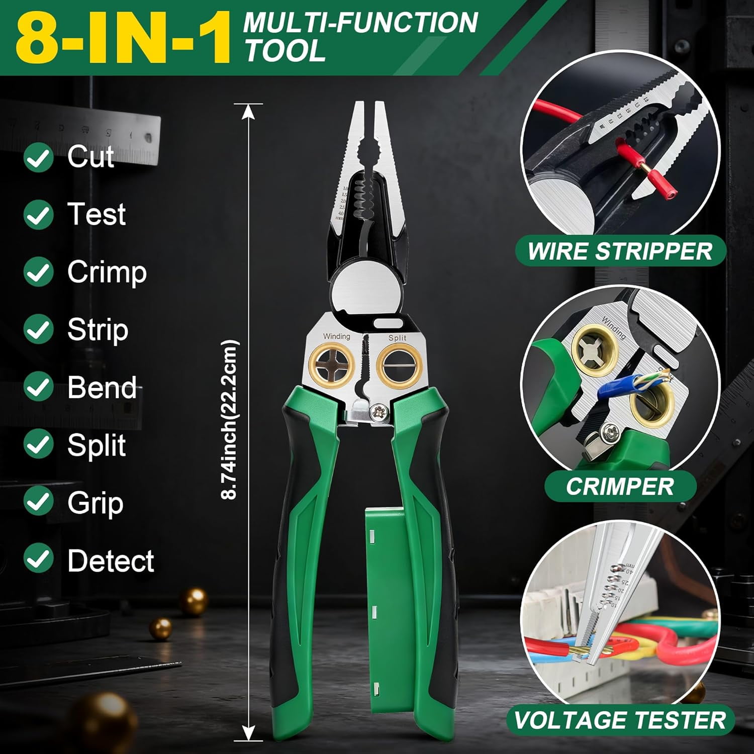 8-in-1 Wire Stripper with Voltage Tester, Heavy Duty Cable Cutting Pliers for 10-18 AWG Wires, Multi-Function Electrical Tool for Wire Pulling and Twisting