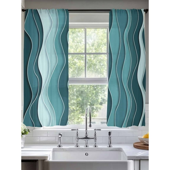 Turquoise Ombre Sheer Curtains for Living Room Bedroom Abstract Art Moire Ocean Waves Sheer Curtains 63 Inch Long 2 Panels Set Light Filtering Curtain Window Treatments Drapes for Dining Room