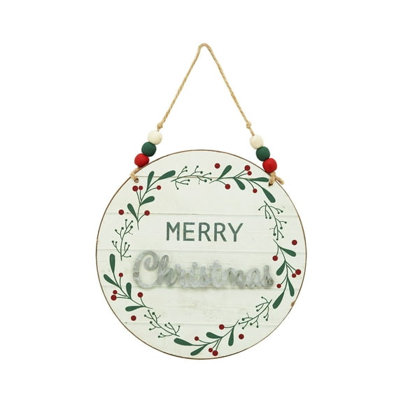 Parisloft Merry Christmas Vintage Round Wood Wall Sign, Multicolor, 7.9" Dia