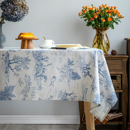 

GLORY SEASON Rustic Tablecloth Classic French Village Printed Linen Fabric Table Cover Farmhouse Decoration 52x70 Inches Rectangle/Oblong Blue for Kitchen Dining