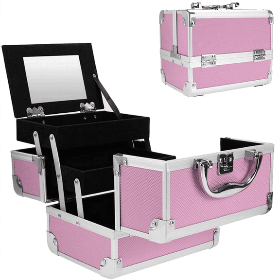 Makeup Train Case Cosmetic Box Portable Makeup Case Organizer 3 Trays Makeup Storage with Mirror Locking for Cosmetologist Aesthetic Supplies Nail Tech Traveling Makeup Box Mermaid Pink