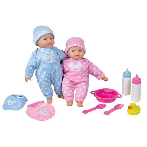 Lissi Poupées Jumelles 11 Pouces avec Accessoires - Ensemble de 10 Pcs Incluant Combinaisons Assorties, Bonnets, Bavoirs, Bouteilles, Cuillère, Fourchette, Assiette et Ducky en Caoutchouc