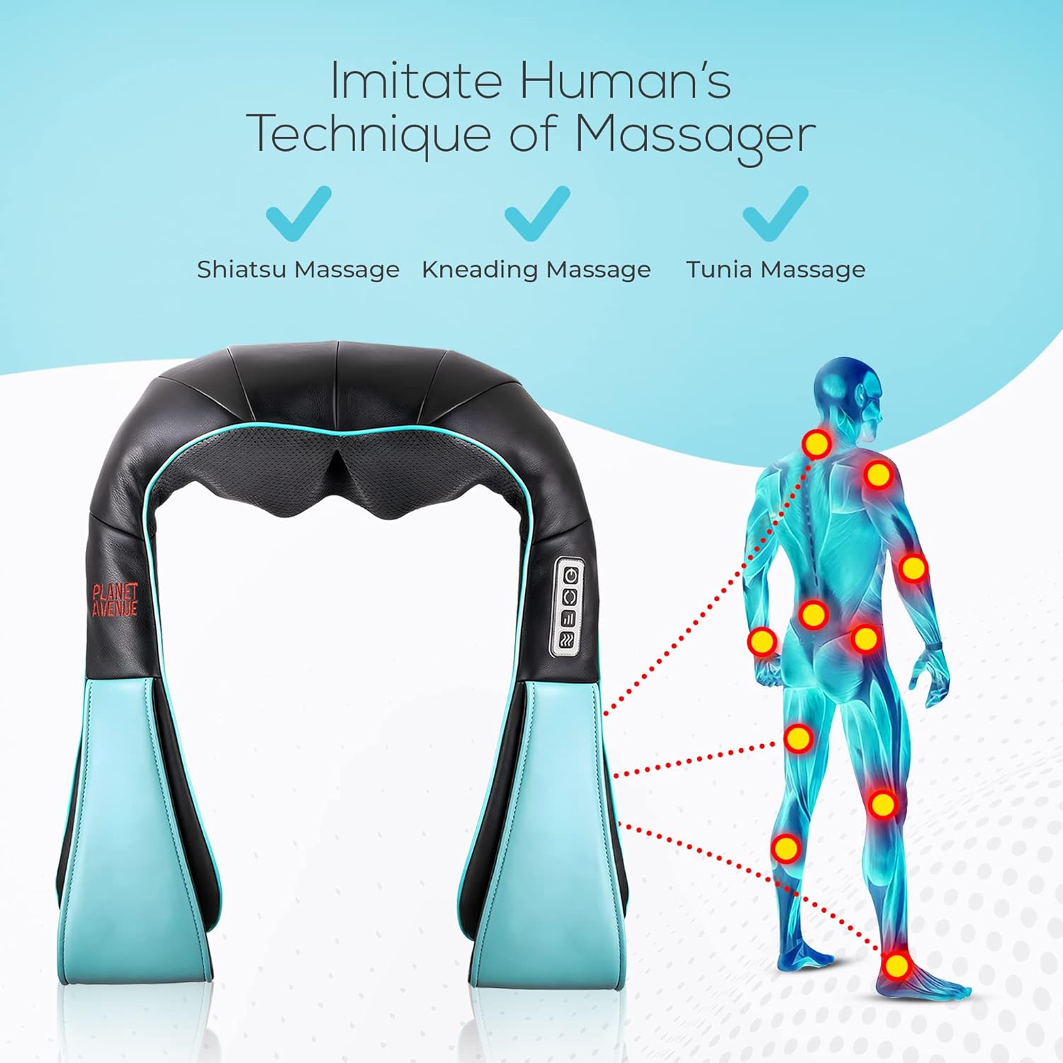 Neck and Back Massager with Soothing Heat, Electric Deep Tissue Kneading Massage Pillow for Neck, Back, Shoulder, Leg, Body Muscle Pain Relief, at Home, Office, or Car Use - Blue
