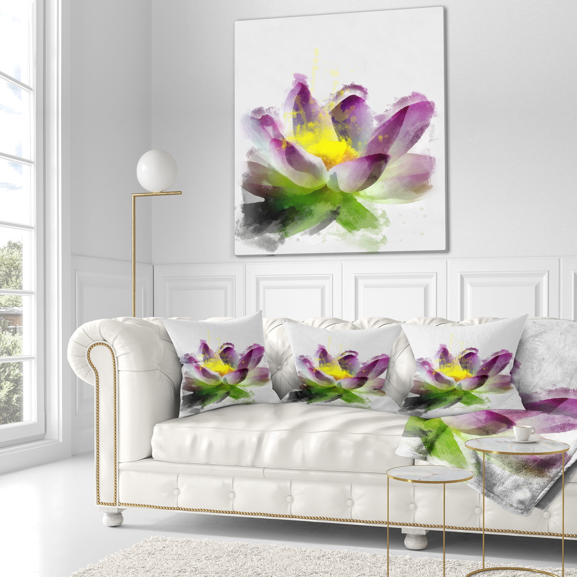Designart Lotus Flower Sketch Watercolor - Floral Throw Pillow - 18x18