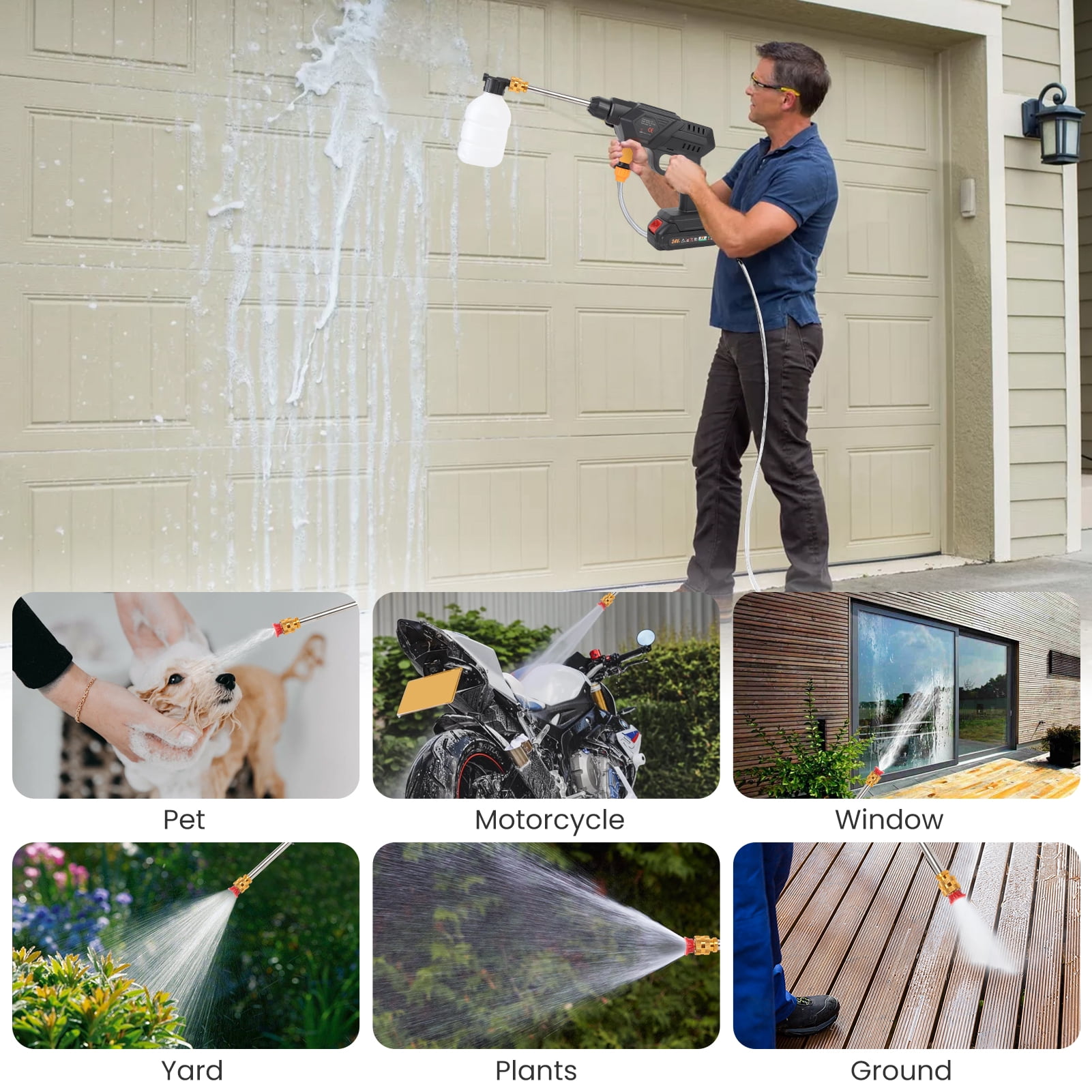 970PSI Cordless Pressure Washer, 2.2GPM Portable Power Washer with 6-in-1 Adjustable Nozzle, 2 Battery, Power Cleaner with 16.5ft Hose for Cars, Patios, Driveways