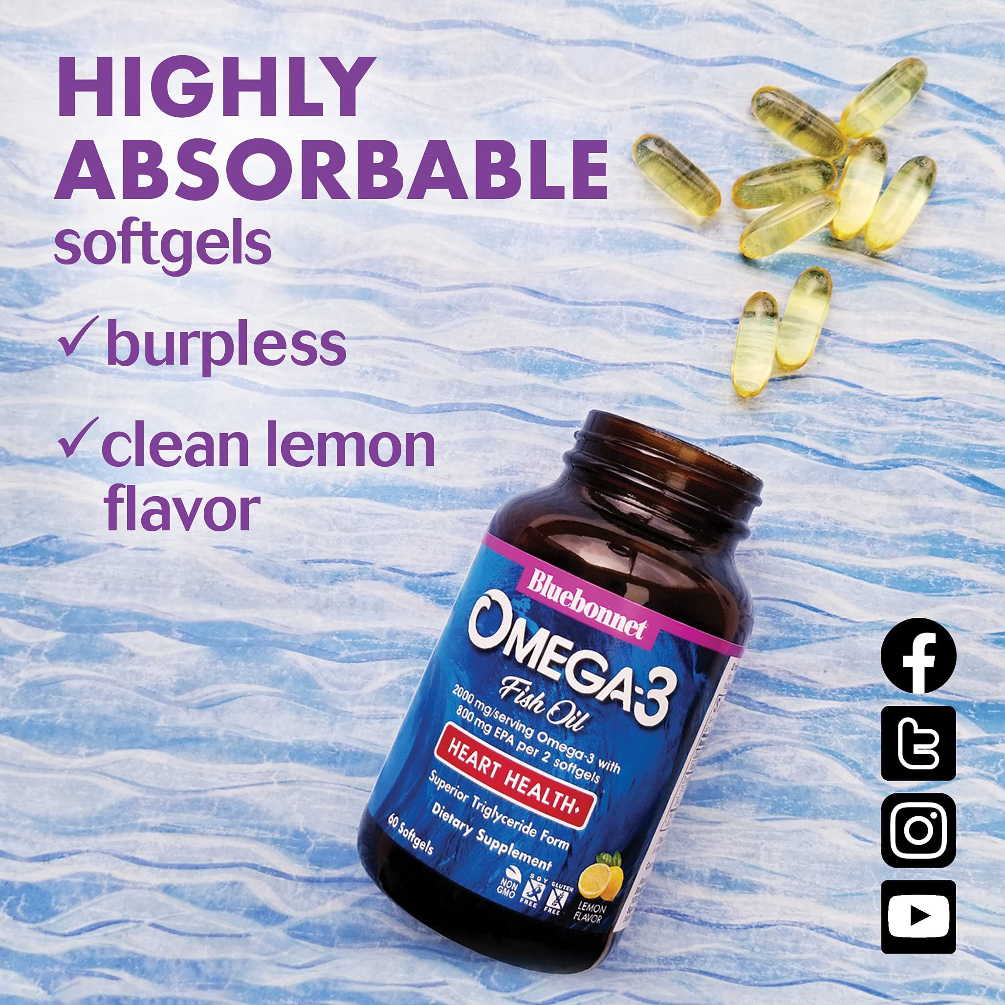 Bluebonnet Omega-3 Heart Formula Triglyceride Form DHA 600mg EPA 800mg - 60 Softgels