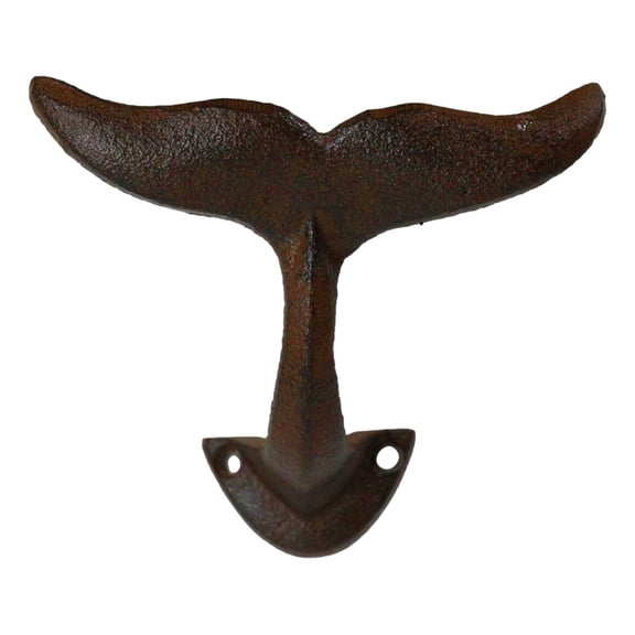 Set of 2 Cast Iron Nautical Baleen Blue Whale Tail Wall Coat Hooks Rust Bronze