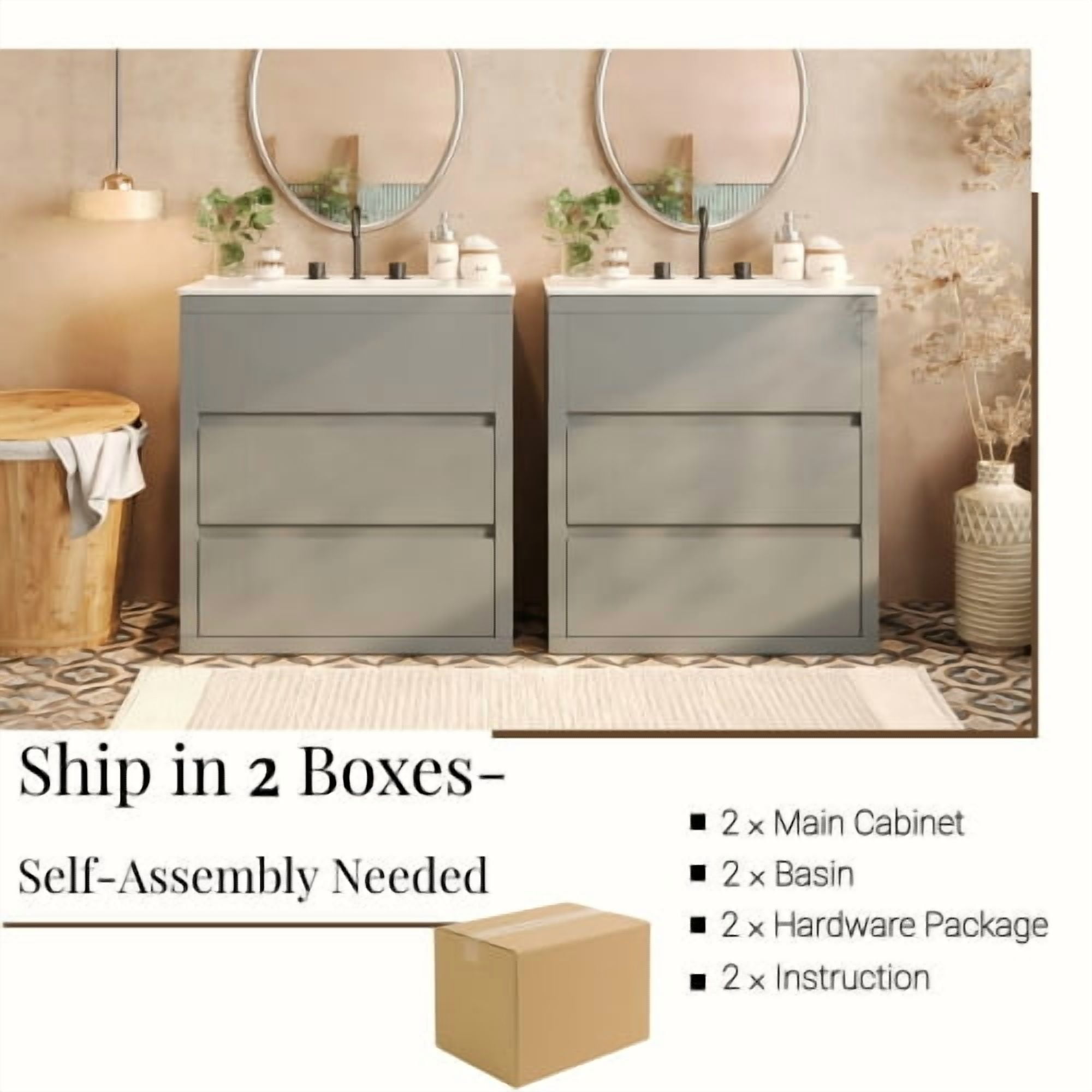 60 inch Double Sink Bathroom Vanity Set, Two Separate Ceramic Sinks Vanity, Modern Bathroom Cabinet with Soft Close Drawers, Gray
