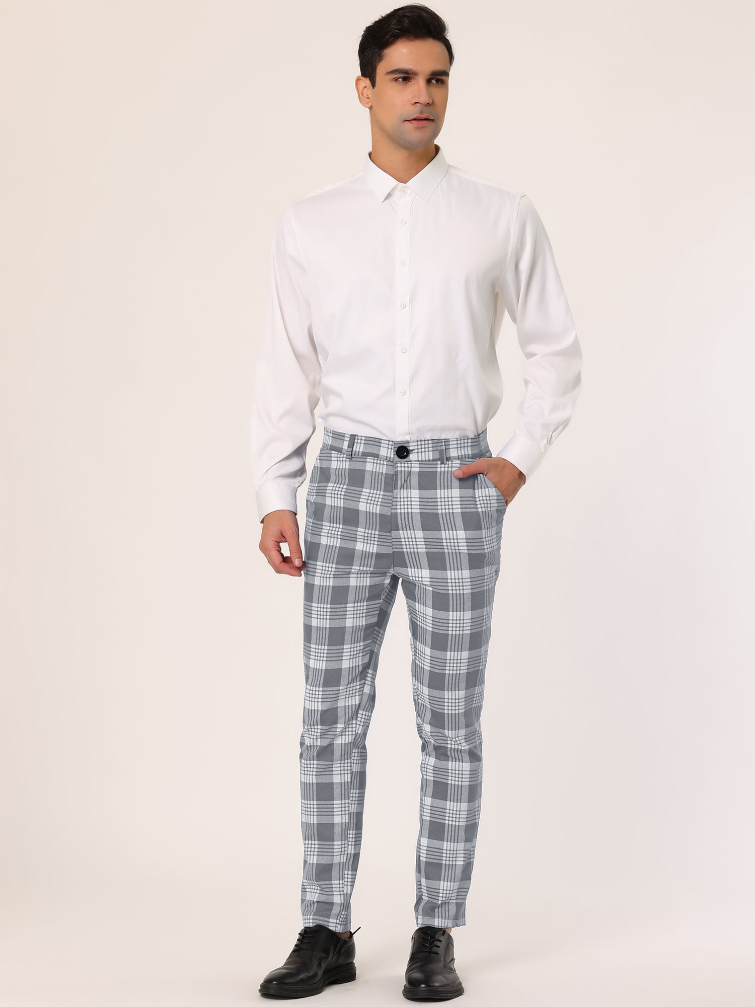 Unique Bargains Men's Plaid Dress Pants Casual Slim Fit Checkered Business Trousers 40 Gray