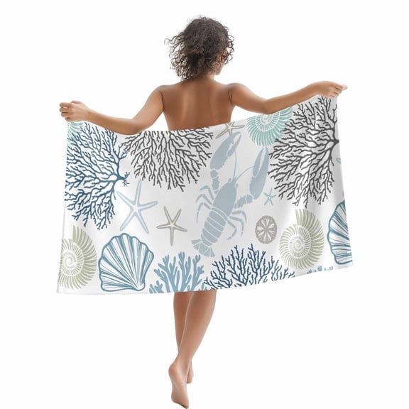 Beach Towel Blue Lobster Bath Pool Towels Teal Coral Starfish Shell Absorbent Beach Towel Soft Large Quick Dry Lightweight Camping Travel Sports Yoga Gym Swim Towels for Adult 35x70 Inch