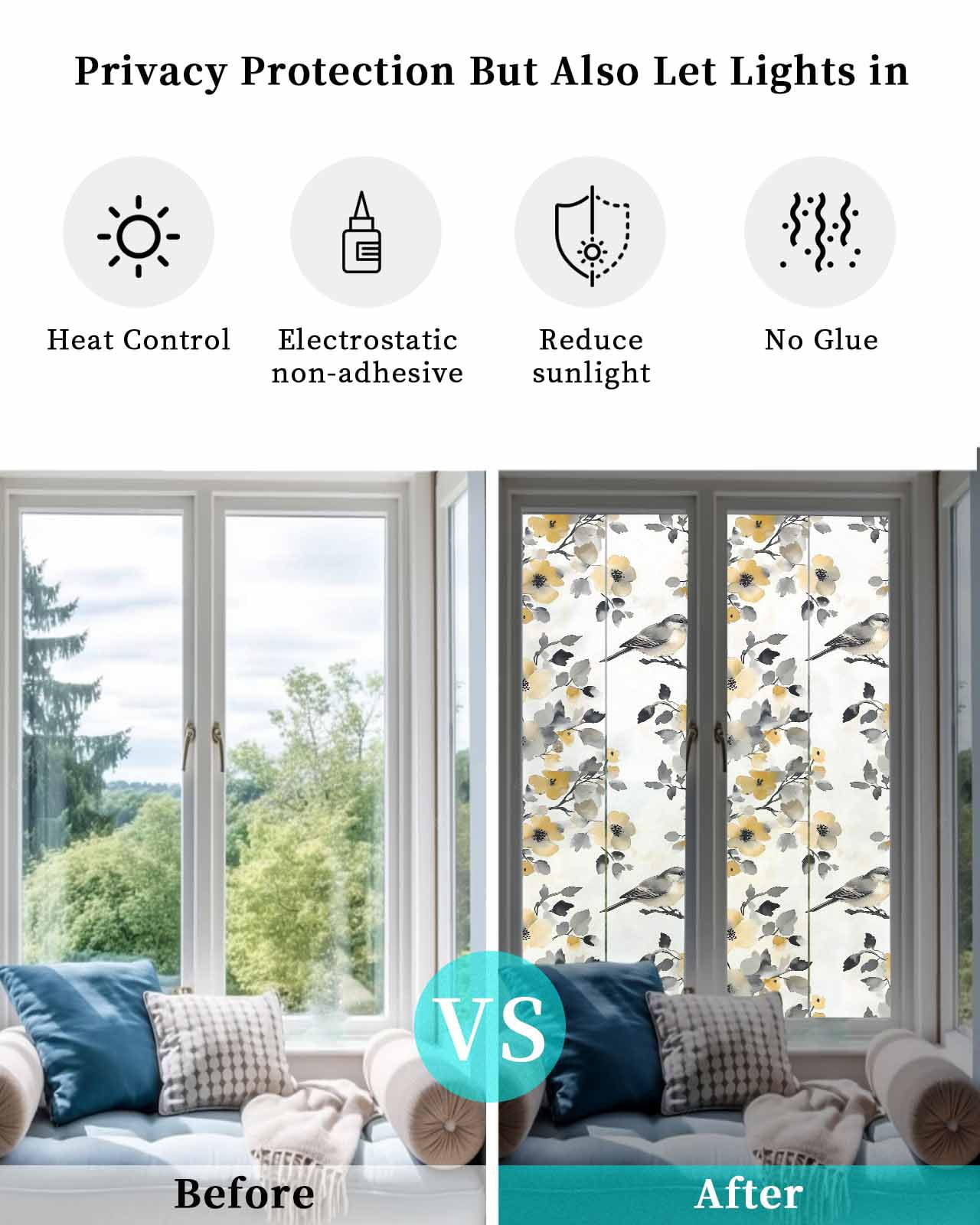 Window Privacy Film Yellow Grey Botanical Stained Glass Window Film Decorative Sun Block Window Cover Spring Floral Birds Retro Summer Window Clings Static Adhesive Sticker for Bathroom 23.6"x78.7"