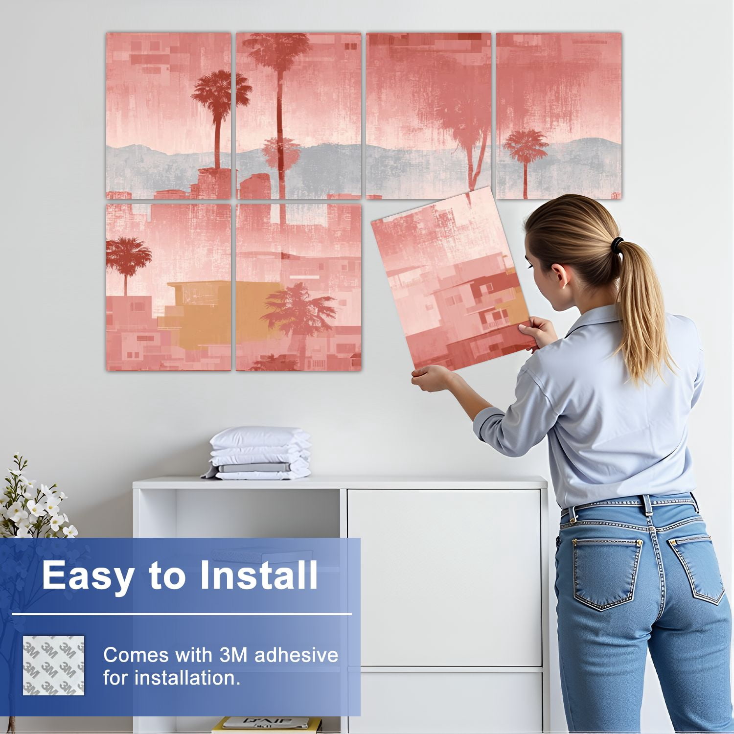 8 Pack Art Acoustic Panels Sound Absorbing Abstract Cityscape Palm Trees Soft Color Decorative Soundproof Wall Panels Self Adhesive for Nursery Game Room Bedroom 48"x32"