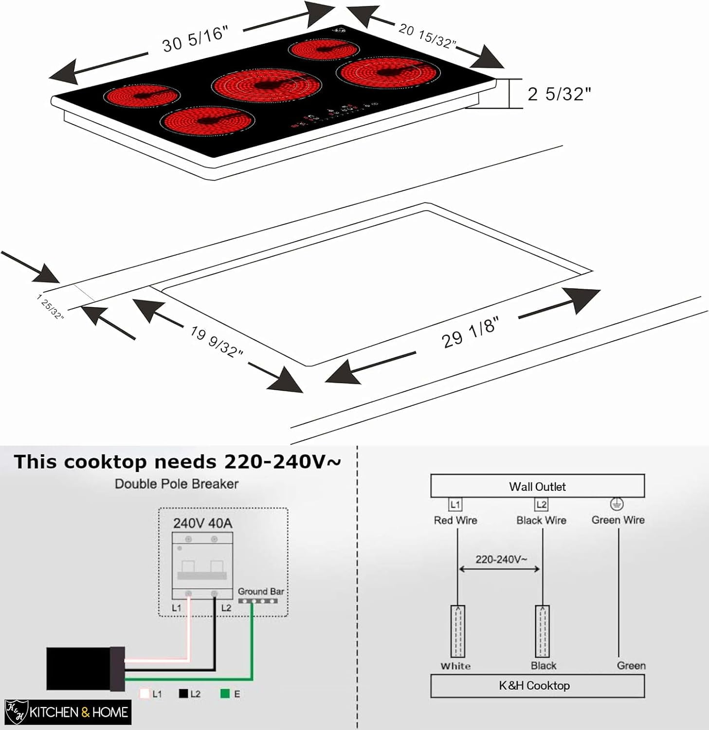 K&H German Designed 4 Burner 30 Inch Built-in Electric Stove Top Radiant Ceramic Kitchen Cooktop Knob Control 240V 7200W CE30-7206K