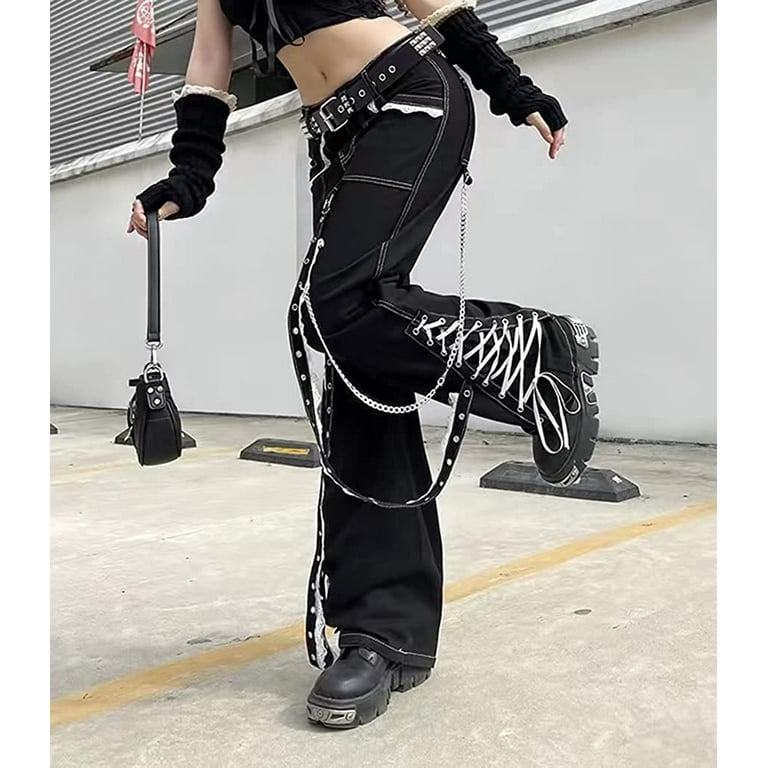 Danceemangoos Women's Goth Baggy Jeans Wide Leg E-Girl Grunge Gothic Tripp Pants Harajuku Y2K Alt Emo Clothes Punk Streetwear, Adult Unisex, Size