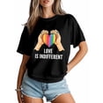 thumbnail image 5 of Women's T-Shirt LOVE IS INDIFFERENT Rainbow Heart Short Sleeve Casual Tee Classic Crew Neck T Shirt for Women Black, M, 5 of 7