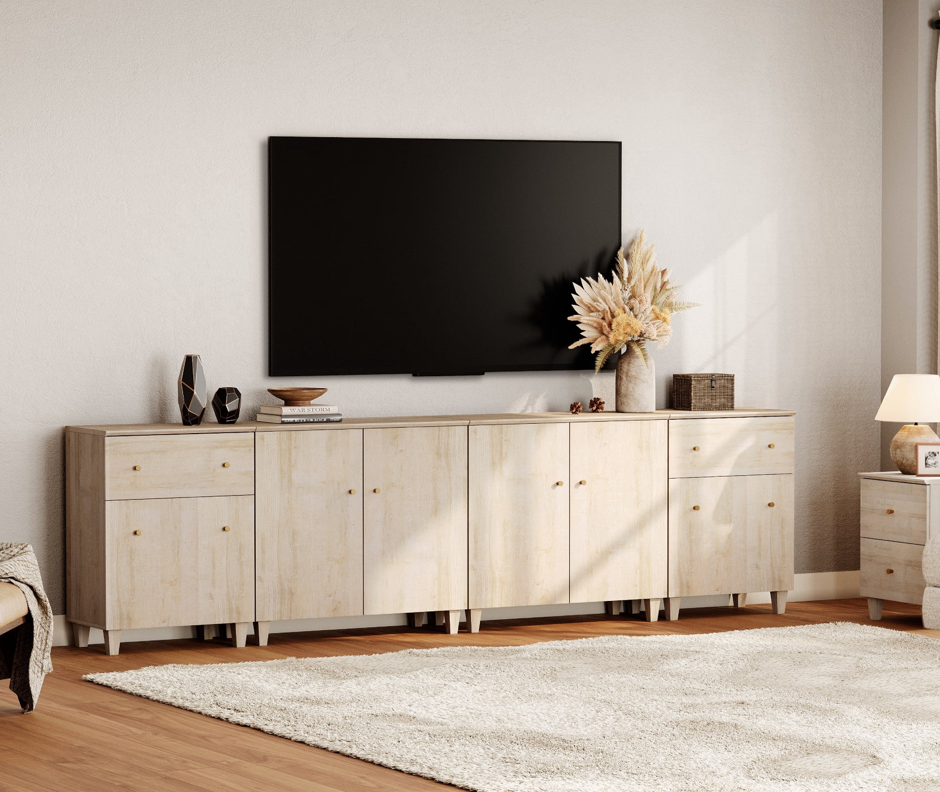 WAMPAT Wide TV Stand for 110+ Inches TVs, 4-in-1 Modern Wooden Media Console with 2 Spacious Drawers and 4 Storage Cabinets for Living Room, Light Oak