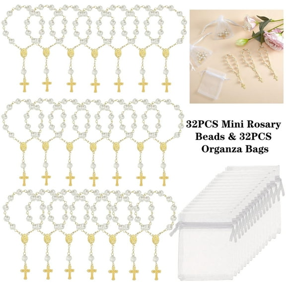 32 Sets Mini Rosaries Baptism Rosary Beads Acrylic Ivory Color Finger Baptism Rosaries Faux Pearls With Organza Bags For Christening Weddings Party Favors