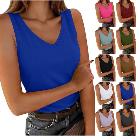 Tank Top for Women V Neck Summer Sleeveless T Shirt Tunic Casual Solid Color Loose Fit Blouses White