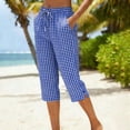 thumbnail image 6 of Gingham Capris for Women Petite Linen Cropped Pant Lightweight Dressy Casual Wide Leg Elastic Waist Summer Pull on Ladies Palazzo Capri Trouser with Pockets Blue L, 6 of 6