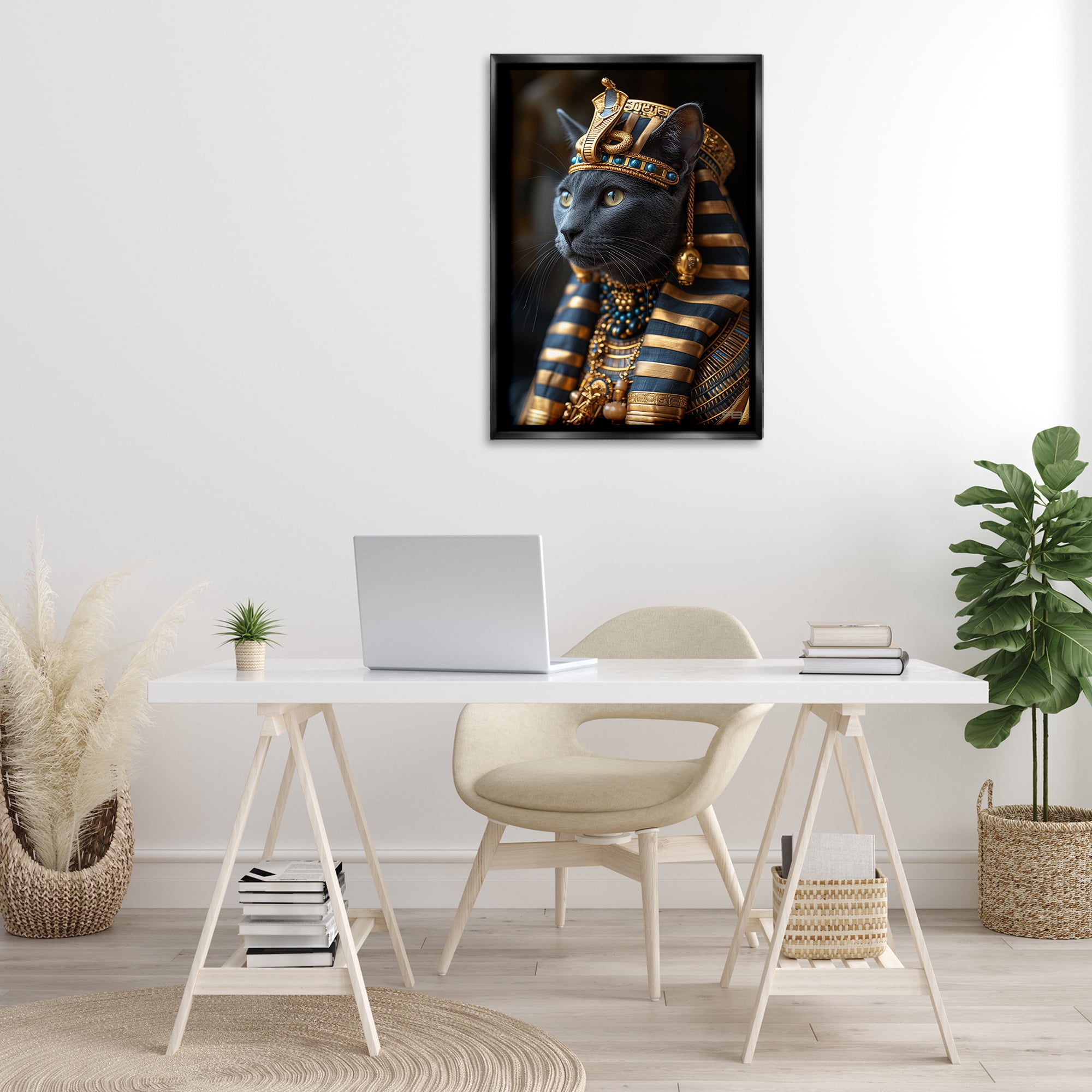 Stupell Industries Egyptian Pharaoh Cat Novelty Painting Black Floater Framed Canvas Art Print Wall Art, 21 x 31