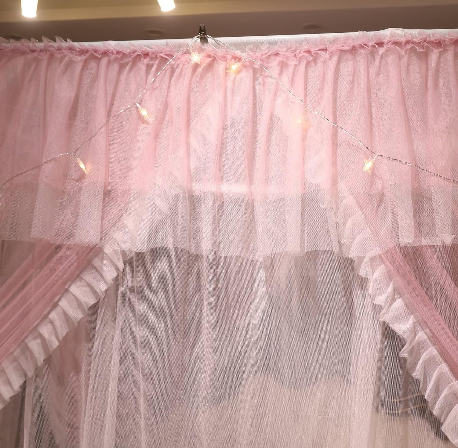4 Corners Post Ruffle Princess Bed Canopy Curtain-Double Layer Cozy Drape Netting 4 Opening Mosquito Net for Girls Adults Bedroom Decoration (Pink/Whtie,78" W*86" L*82"*H/King)