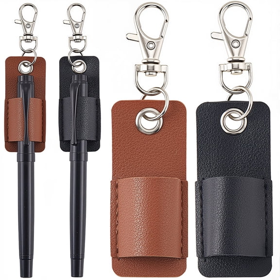 2Pcs Pen Holder Keychain Pencil Key Chain Holder Black Brown Leather Portable Anti Lost Retro Clip Badge Pens Pocket Protector Pouch Holders
