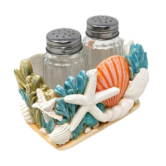 Seaside Splendor Salt and Pepper Shakers Set – Coastal Beach-Themed 3D Resin Design with Seashells & Starfish, Nautical Decor for Kitchens, Dining Rooms, and Beach Houses, Includes 2 Bottles