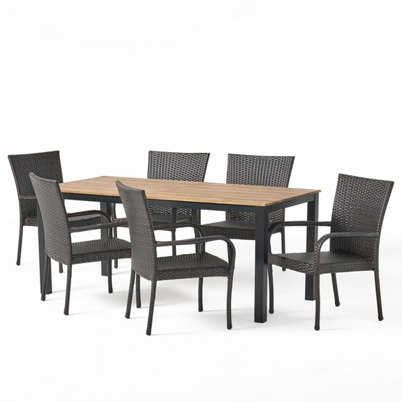 GDF Studio Monroe Outdoor Wicker and Acacia Wood 7 Piece Dining Set, Teak and Gray