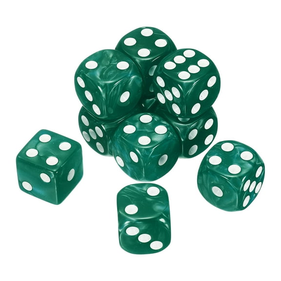 10Pack 6 Sided Colored Standard Dice, Acrylic D6 Mini Polyhedral Pearl Pattern Game Dice Set for Table Games or Math Learning, Dark Green/White Point
