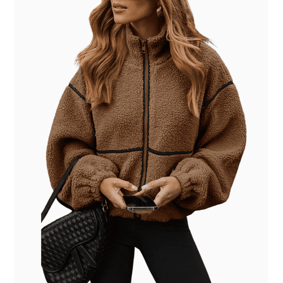 Womens Coat Casual Lapel Full Zip Fleece Jacket Long Sleeve Oversized Warm Winter Outwear with Pockets