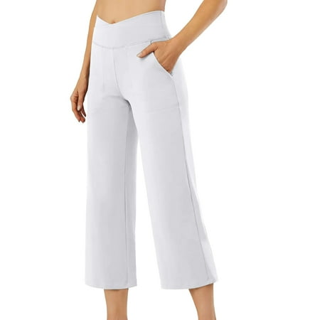 QIJUNTUO Women s High Waisted Wide Leg Yoga Pants With Side Pockets Tummy Control Lounge Panties White