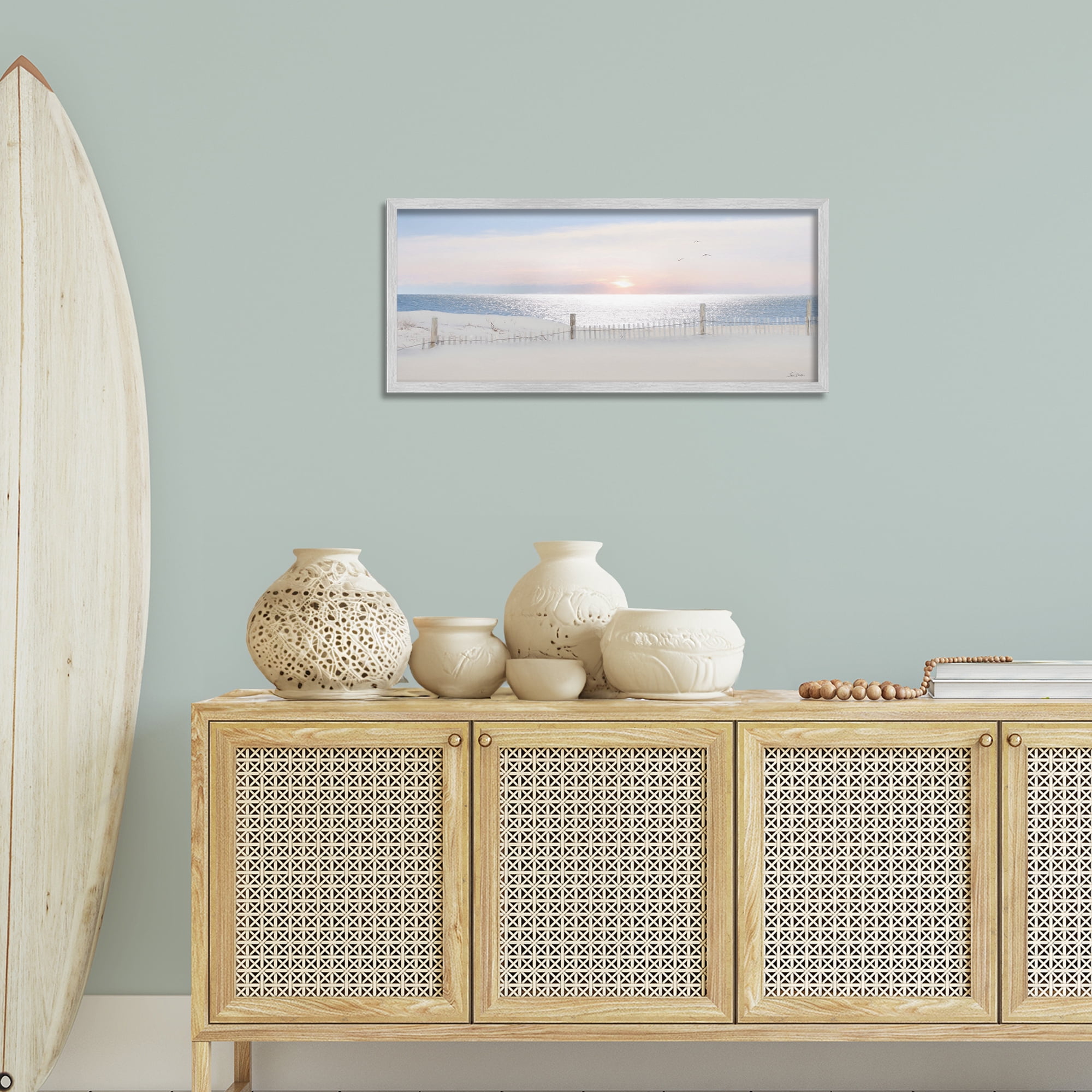 Stupell Industries Fence Along Shore Landscape Photography Gray Framed Art Print Wall Art, 30 x 13