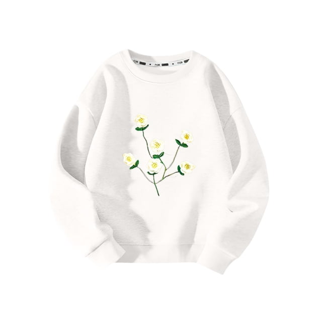 Chandails pour Filles de 3 à 9 Ans en Coton Chaud à Col Rond Manches Longues Imprimé Floral (5-6 Ans, Blanc)