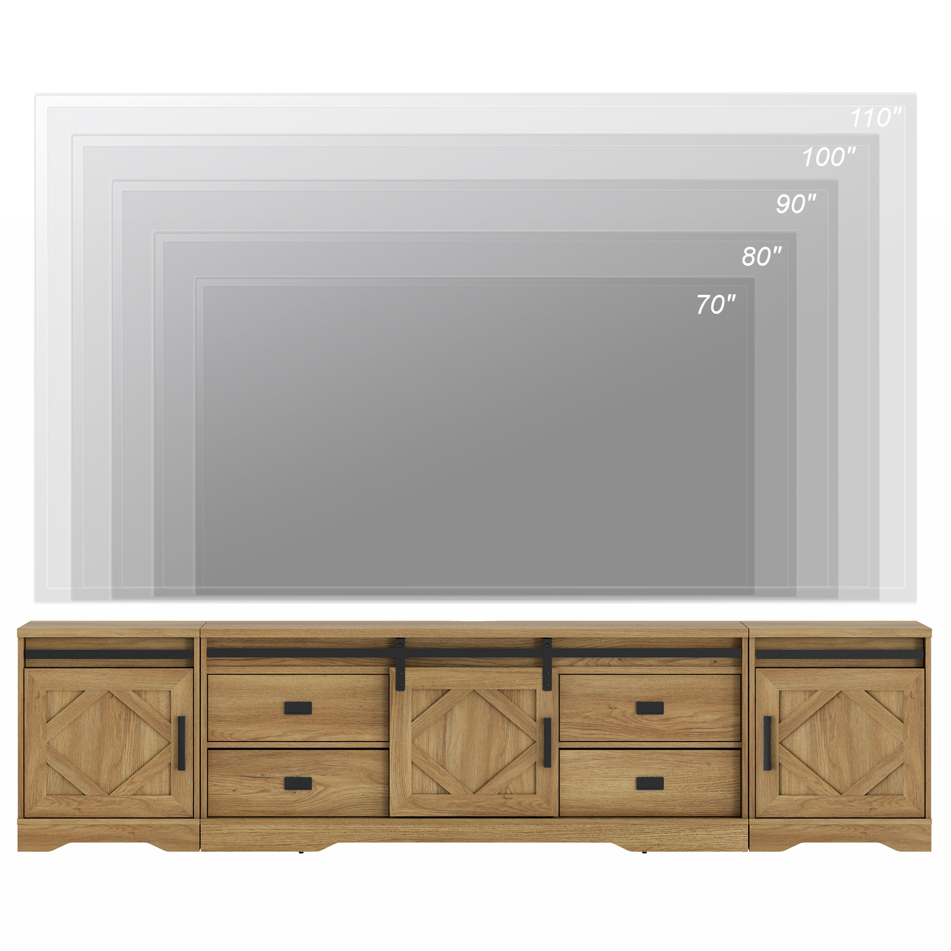 WAMPAT Farmhouse Entertainment Center for 110" TVs, 3-in-1 Wooden TV Stand with Barn Door, Adjustable Shelves and Storage Drawers,Media Console Table for Living Room,Vintage Oak