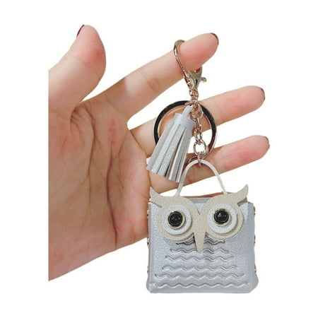 Silver Tassel Owl Bag Keychain Leather And Metal Pendant For Keys 2.16X1.85In Bohemian Style Accessory For Gifts