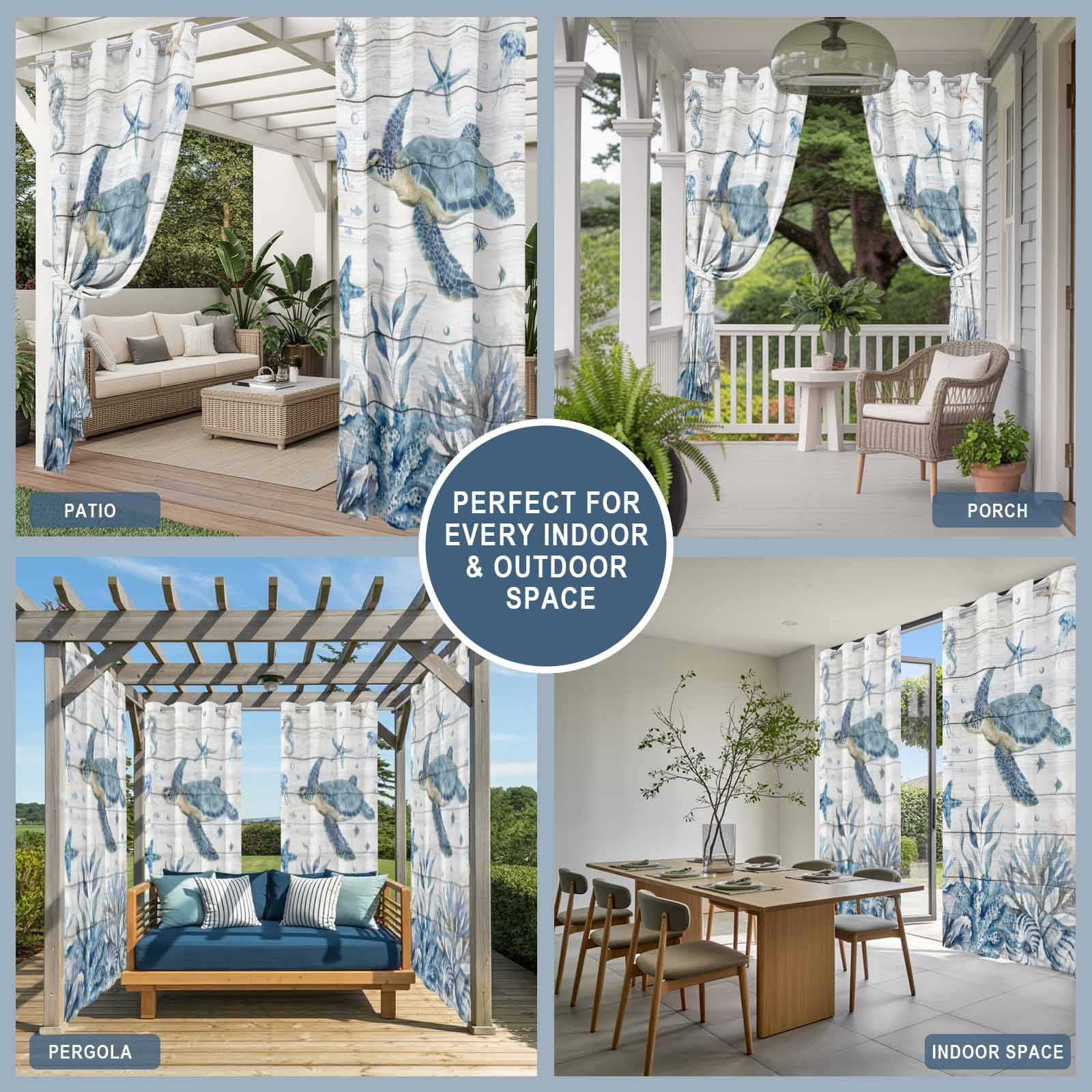 Marine Life Outdoor Curtains for Patio, Ocean Turtle Coral Starfish Seashell Coastal Wood Grain Sunshade Privacy Drapes Grommet Waterproof Outside Curtains for Porch/Cabana/Balcony 54"x 108", 1 Panel