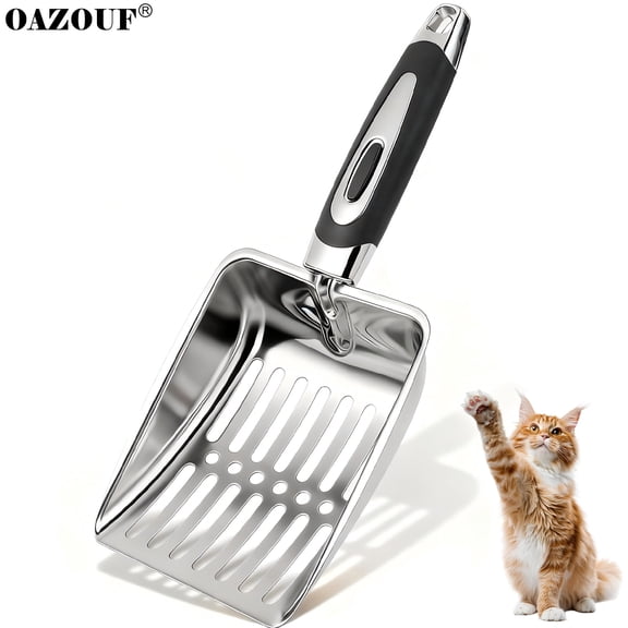 OAZOUF Stainless Steel Metal Cat Litter Scoop, Heavy Duty Rustproof Cat Scooper with Ergonomic Handle for Litter Box Cleaning, Silver