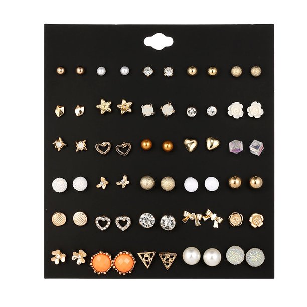 Juego de 30 pares de pendientes de moda con diseño geométrico de perlas y flores con múltiples elementos y orejas de diamantes cuadrados de aleación, buen material, embalaje elegante