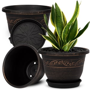 QCQHDU 3-Pack Retro Plastic Plant Pots with Saucers, 10-Inch