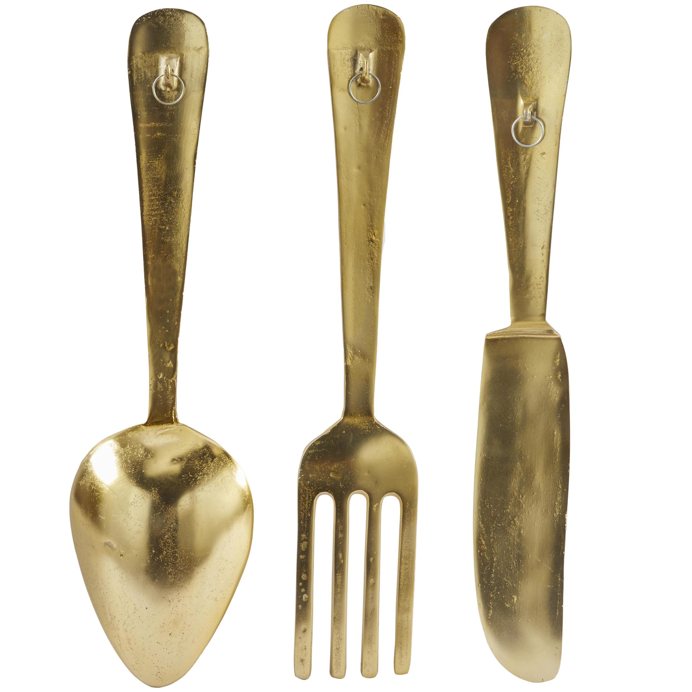 DecMode Gold Aluminum Metal Knife, Spoon and Fork Utensils Wall Decor (3 Count)