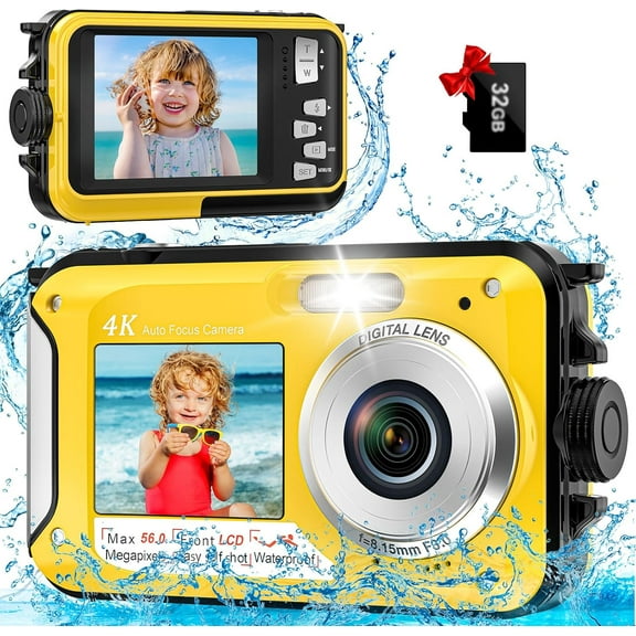 Underwater Camera - 4K 11FT Waterproof Camera with 32GB Card 56MP Autofocus Dual-Screen Selfie for Snorkeling Compact Floatable Point and Shoot Digital Camera Type-C (Yellow)
